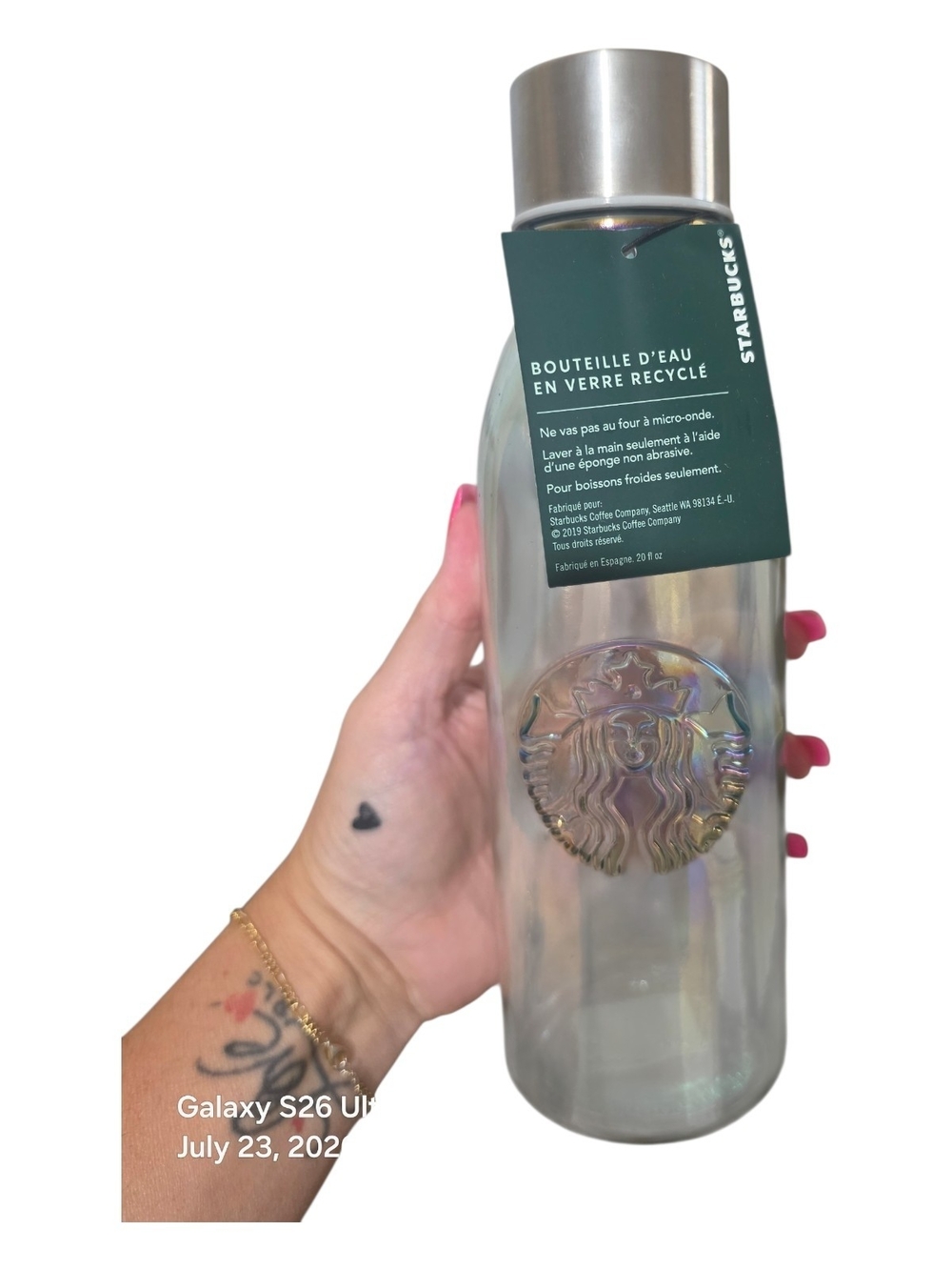 Starbucks Iridescent Recycled Glass Water Bottle with Silver Lid